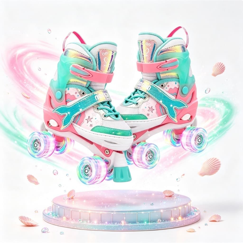 Patins Infantil 4 Rodas Com Freios Verde Sereia Com Luz De Led Patins Crianças Meninas Ajustavel