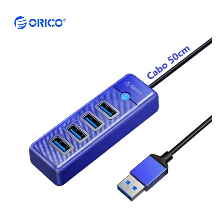 Hub Usb 3.0 Orico 4 portas, 5gpbs, Cabo 50cm, Cor Azul