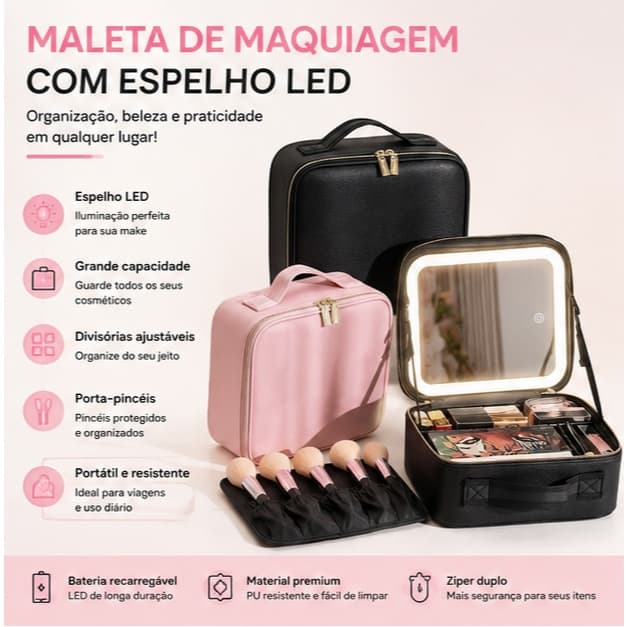 Maleta Necessaire Maquiagem com Espelho LED Grande Organizador Profissional Viagem Portátil Q10