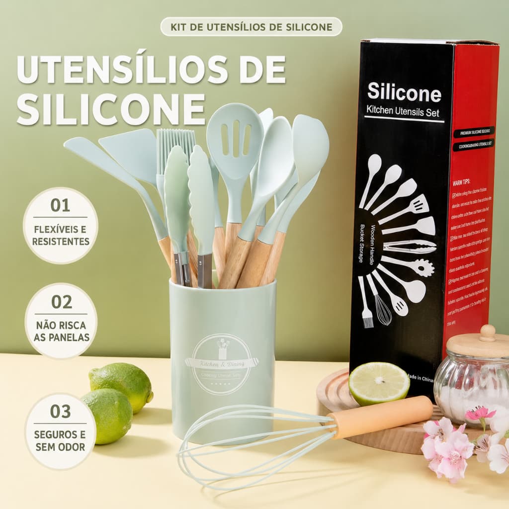 Kit Utensílios de Silicone 12 Peças Espátulas Colheres para Panelas Antiaderentes Conjunto Cozinha com Balde Organizador