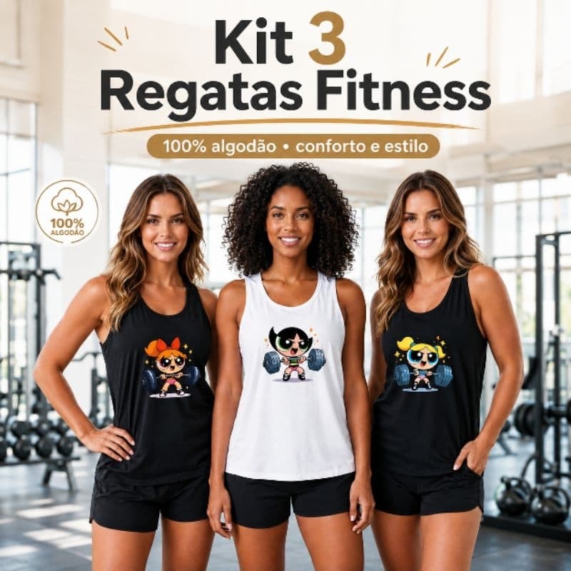 Kit 3 Regatas Femininas 100% Algodão Estampada Meninas Poderosa Academia Fitness Moda Verão Casual