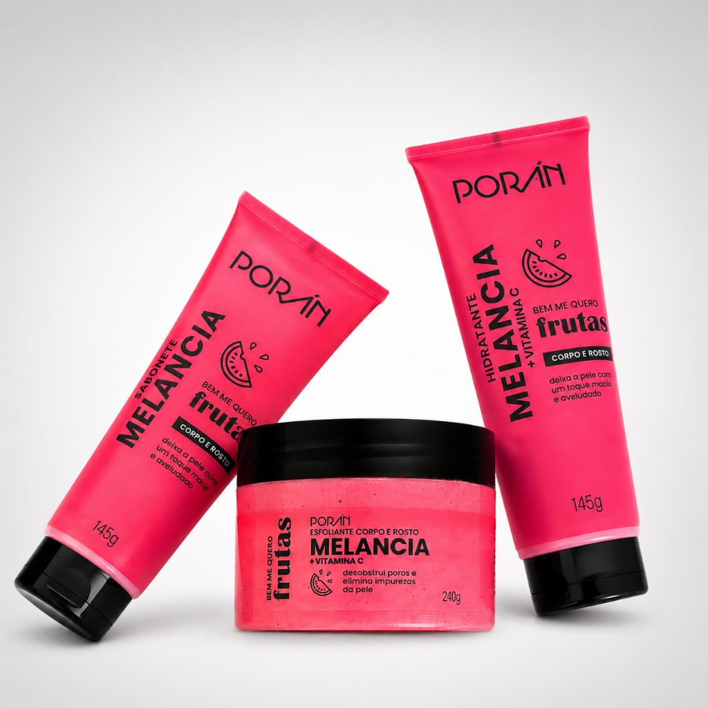 Kit Melancia Porán Frutas Skincare Completo 3 Itens | Hidratante + Esfoliante + Sabonete Corpo e Rosto Vitamina C