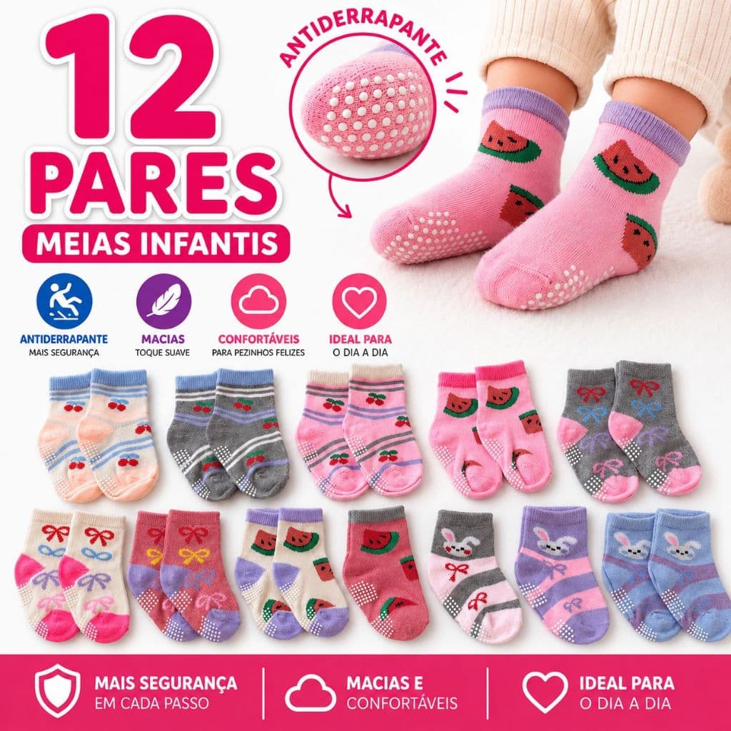 Kit 6 Pares de Meias Bebê Menina Antiderrapante Algodão Macia Confortável 0 a 24 Meses