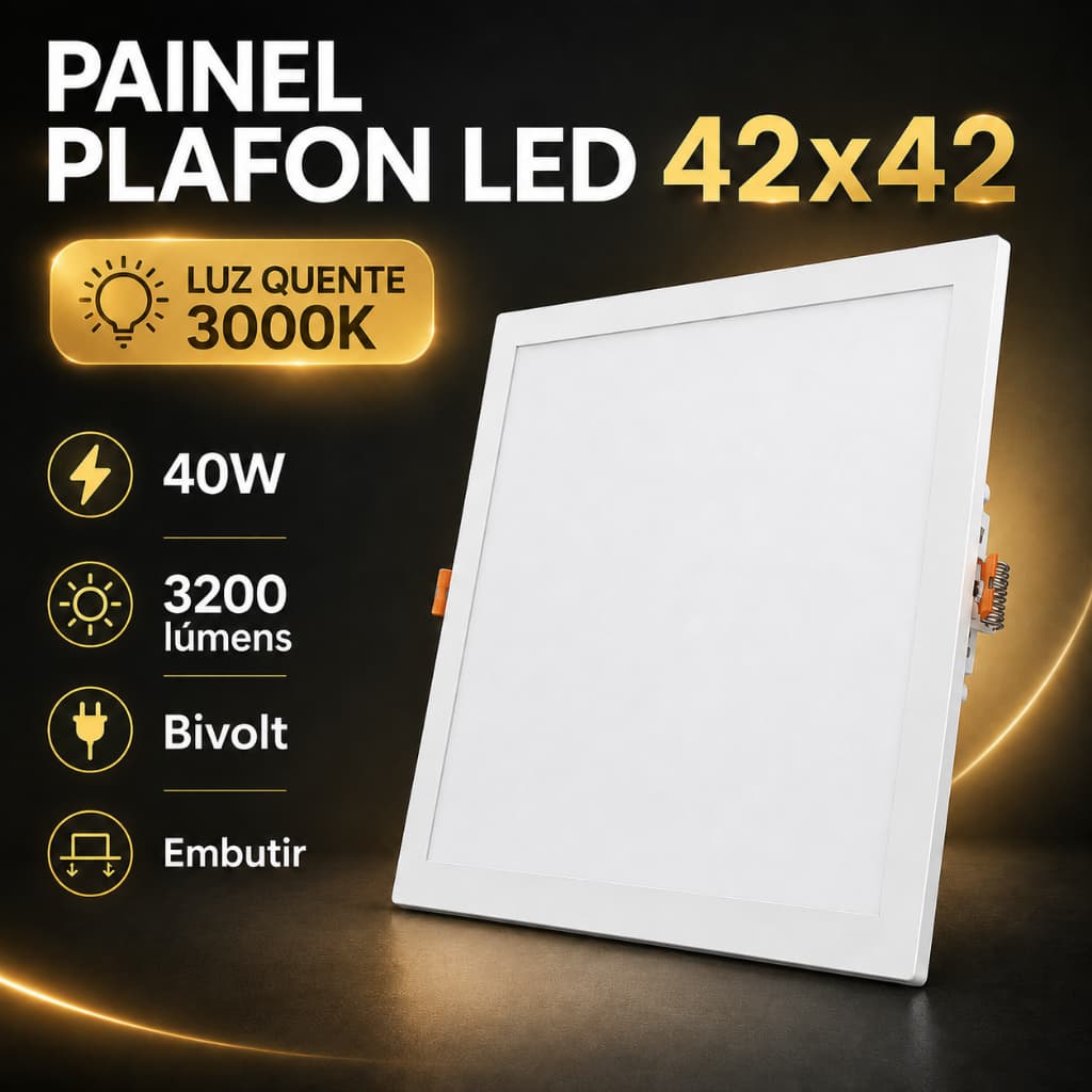 Painel Plafon LED 42x42cm Branco Quente Embutir Luminária
