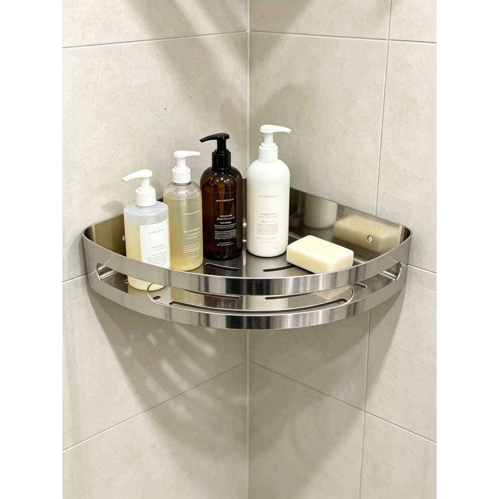 Suporte de Canto 28cm para Banheiro Aço Inox Prata Porta Shampoo Sabonete Box Cola ou Parafuso