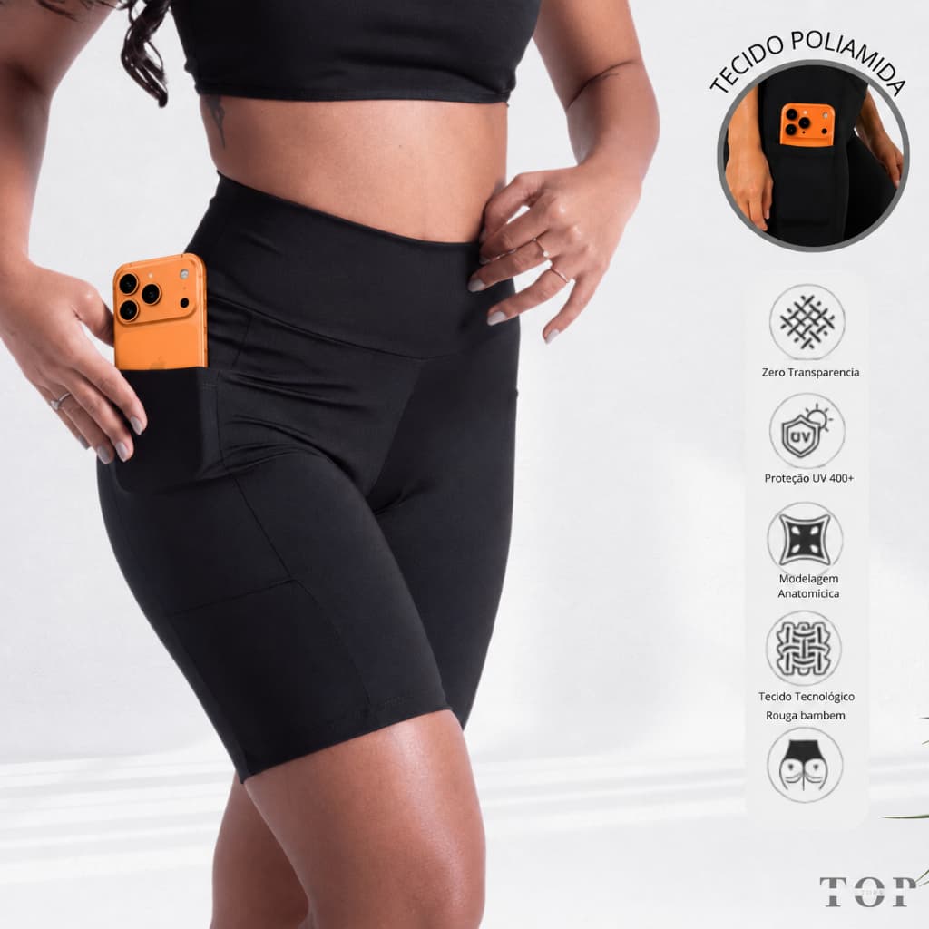 Shorts Fitness Feminino Cós Alto Modelador Bolso para Celular Treino Bermuda Fitness