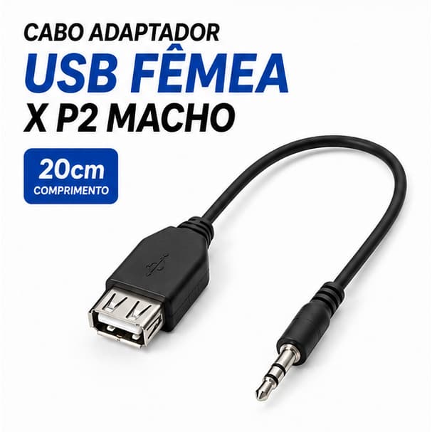 Cabo Adaptador Usb Femea x Cabo P2 Macho Entrada Auxiliar