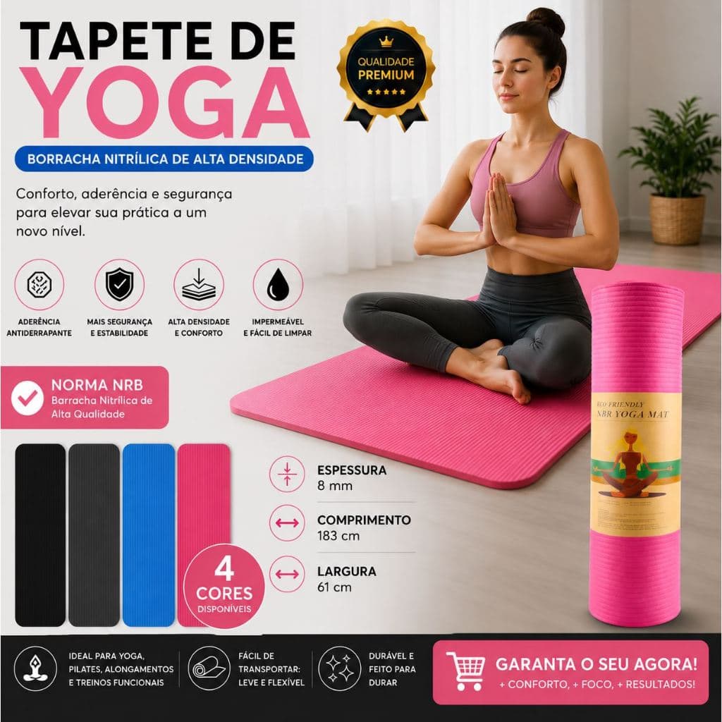 Tapete Yoga NBR 08mm Premium 183x61cm Antiderrapante Alta Densidade Pilates Fitness