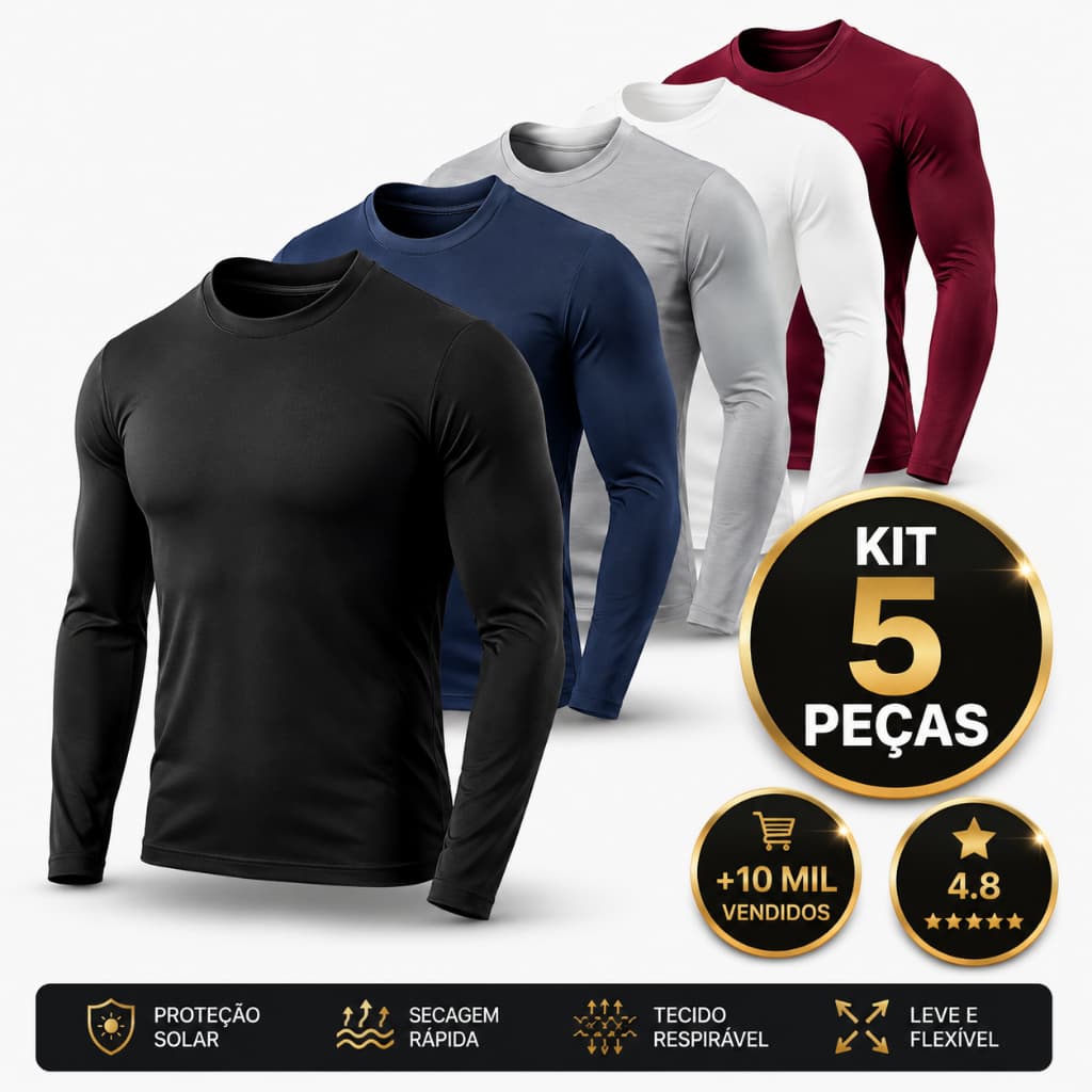 Kit 05 Camisetas Proteção Solar UV Malha Fria Segunda Pele Camisa Térmica Unissex Academia