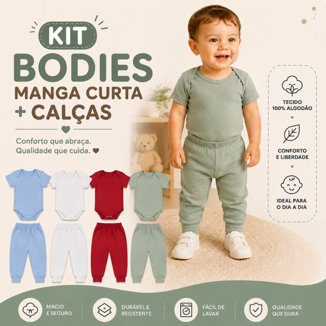 Kit 8 Peças Conjunto Roupinha Infantil Body Manga Curta e Calça Mijão Enxoval do Bebê Algodão 0 a 12 Meses Antialérgico