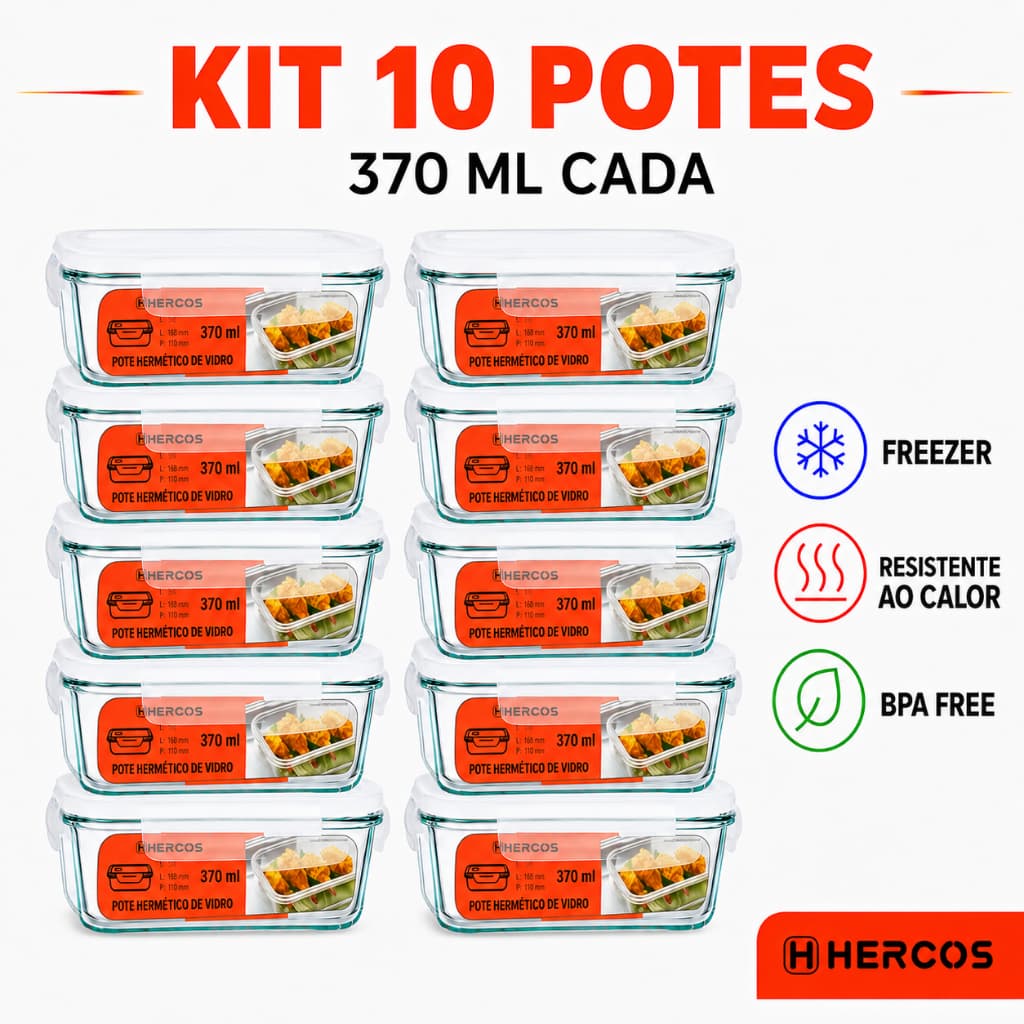 Pote Hermético Vidro Tampa 4 Travas 370ml Retangular Freezer Marmita Frios Fitness Micro Ondas