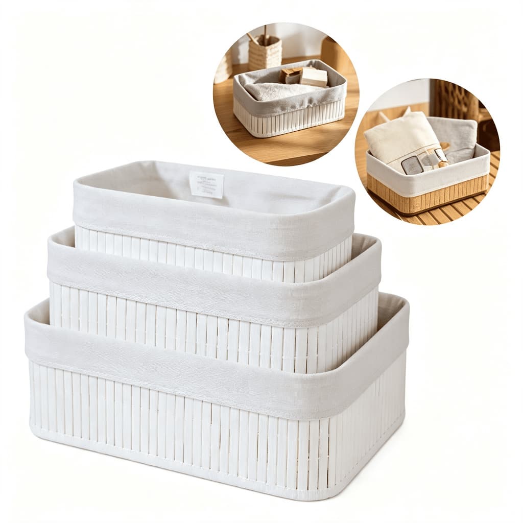 Kit 3 Cestos Organizadores de Bambu Branco Multiuso Cozinha Banheiro Lavanderia Decoração cesto bambu