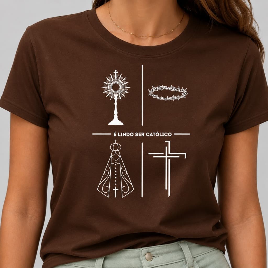 Camiseta Católica Feminina É Lindo Ser Católico | Nossa Senhora e Cruz | 100% Algodão