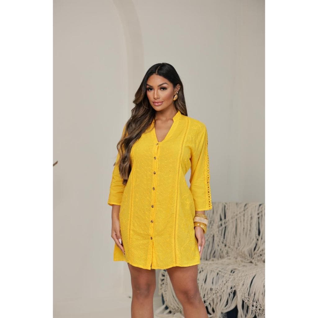 Vestido Chemise Feminino Bordado Premium Amarelo Manteiga Manga Plus Size Boho Chic Casual Elegante Moda Indiana Luxo
