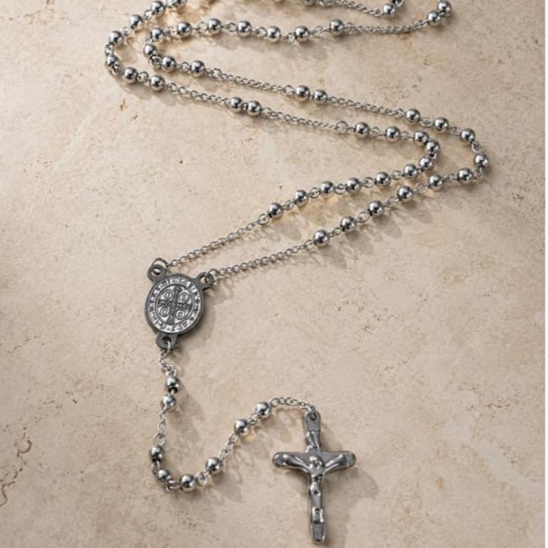 Colar Terço São Bento Masculino Aço Inoxidável 316L 70cm Banhado Prata Proteção Religioso