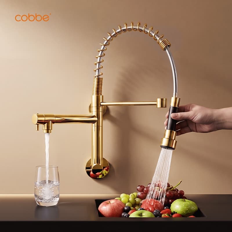 Torneira Gourmet Cozinha de Parede Água Fria 2 em 1 com Mola Ducha Flexível 360° Inox 304 Dourada Heemli