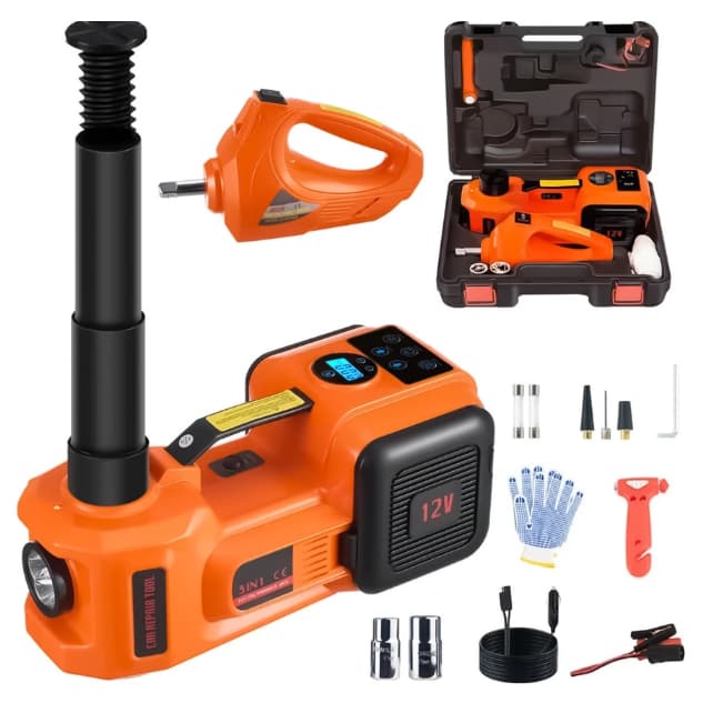 Kit Macaco Elétrico 5T 12V Portátil Com Chave de Impacto e Luz LED de Emergência - Caixa de Ferramentas
