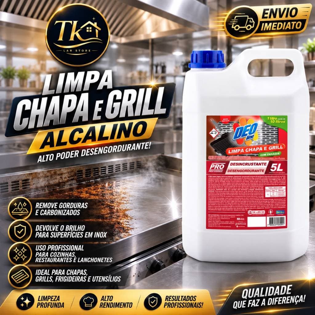 Limpa Chapas de Lanches, Grelhas, Fornos e Coifas, Desengordurante Alcalino  Concentrado, Limpeza Pesada Prof.  Deoline