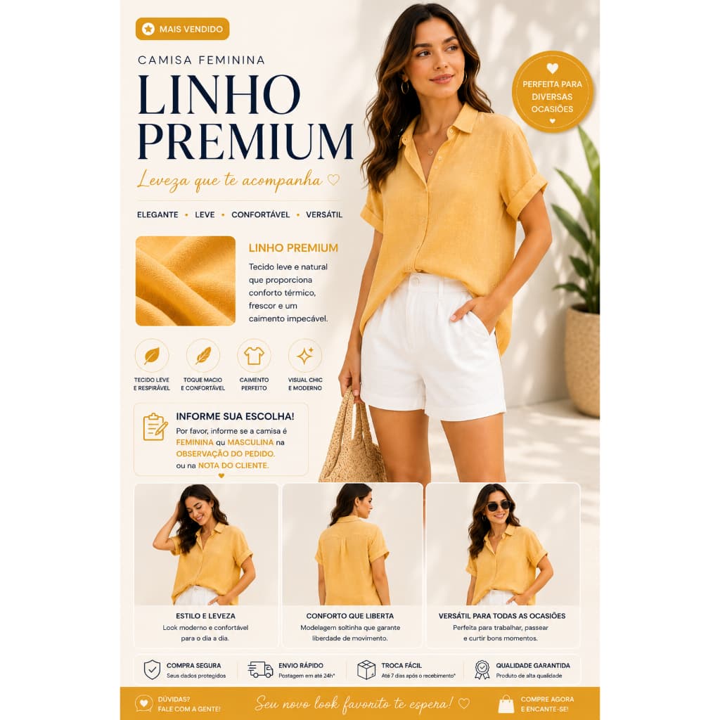 Camisa Feminina Linho Premium Manga Curta Social Casual Elegante Botões Confortável