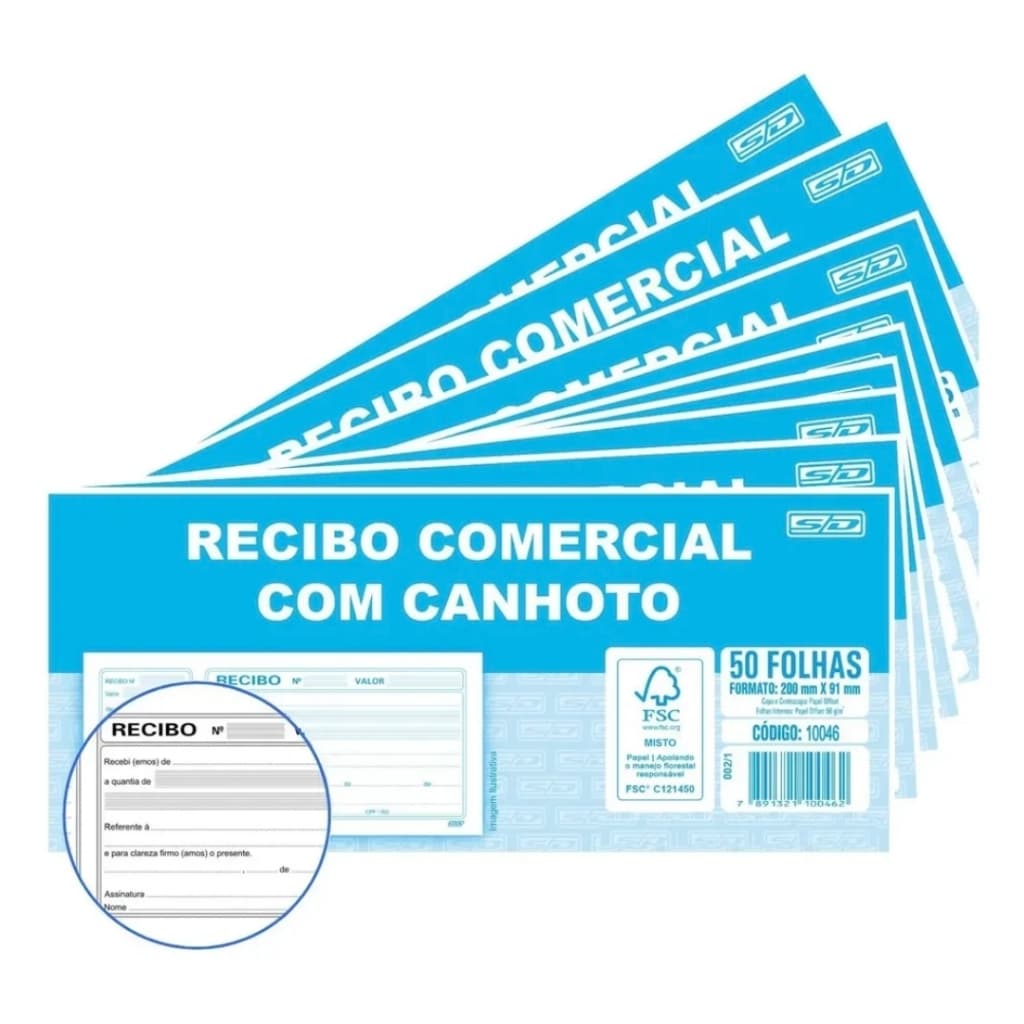 Recibo Comercial com Canhoto 50 Folhas 199x89mm Bloco de Recibo Papel