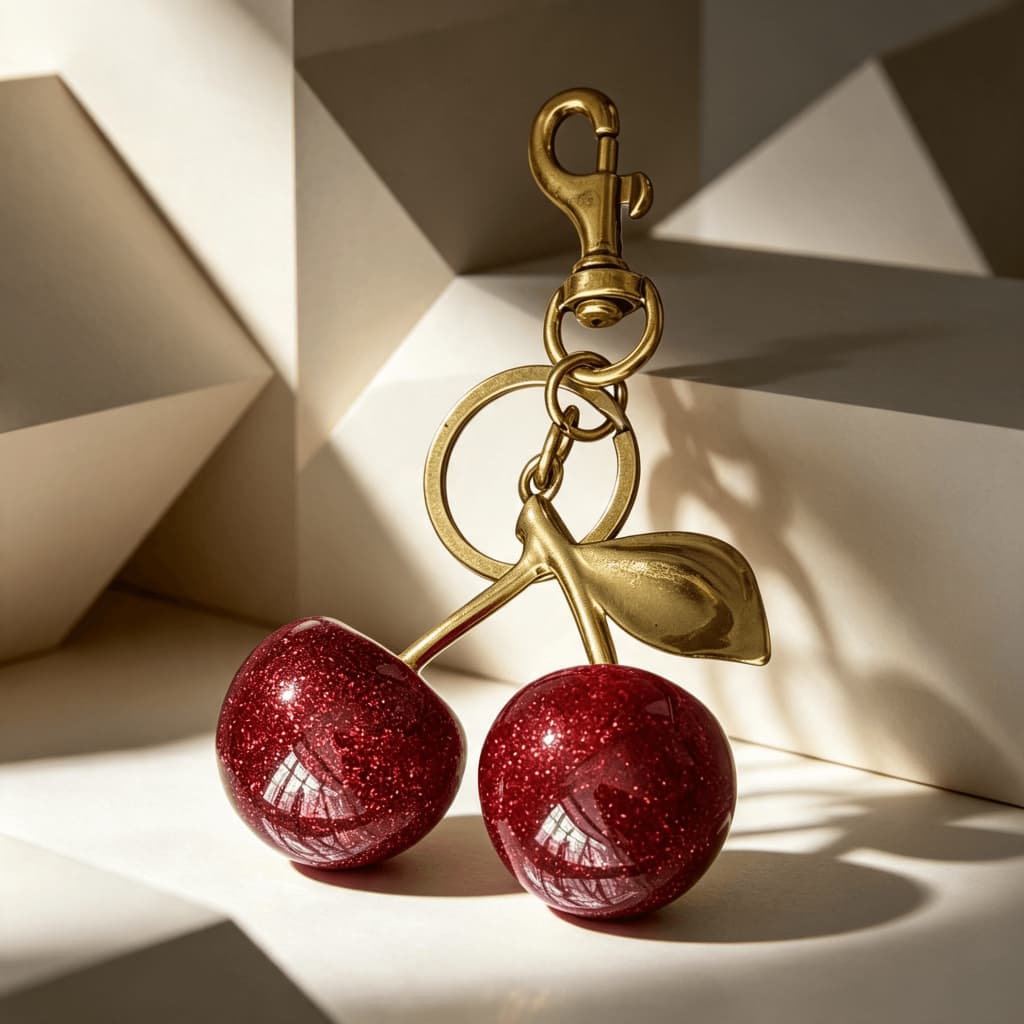 Chaveiro Cereja Glitter Luxo Vermelho com Mosquetão Dourado Acessório Bolsa Feminina Estiloso