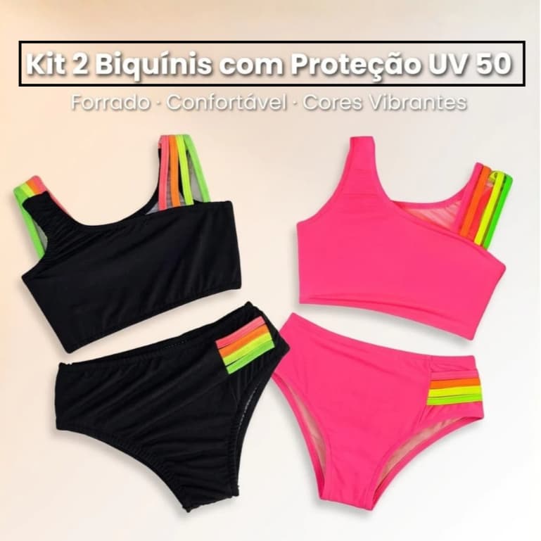 Kit 2 Biquini Infantil Juvenil Calcinha e Top Forrado Proteção UV Moda Praia Piscina para Meninas