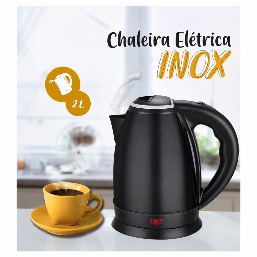 Chaleira Preto Branco 2 Litros Elétrica 1000W Inox Quente Água Chá Café