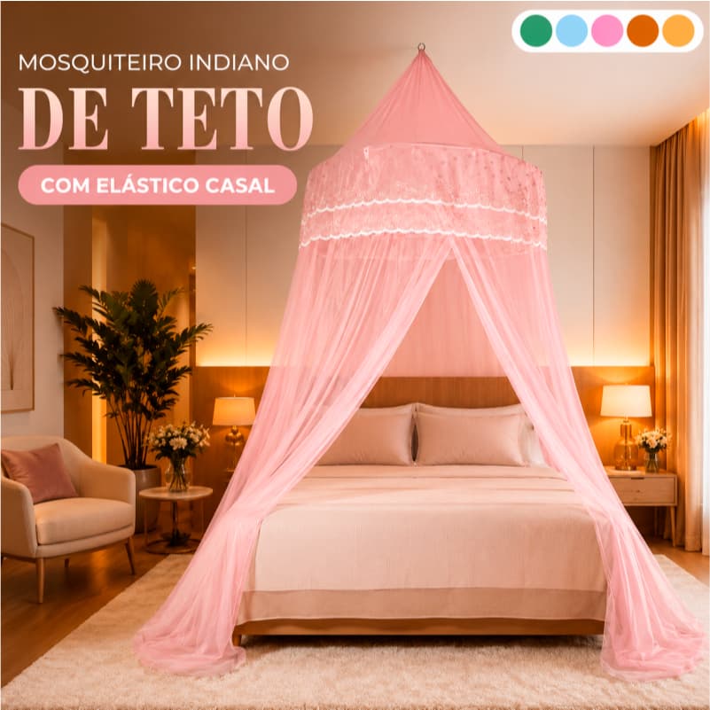 Mosquiteiro Indiano De Teto Com Elástico Casal Queen Box Babado de Tule Premium Luxo