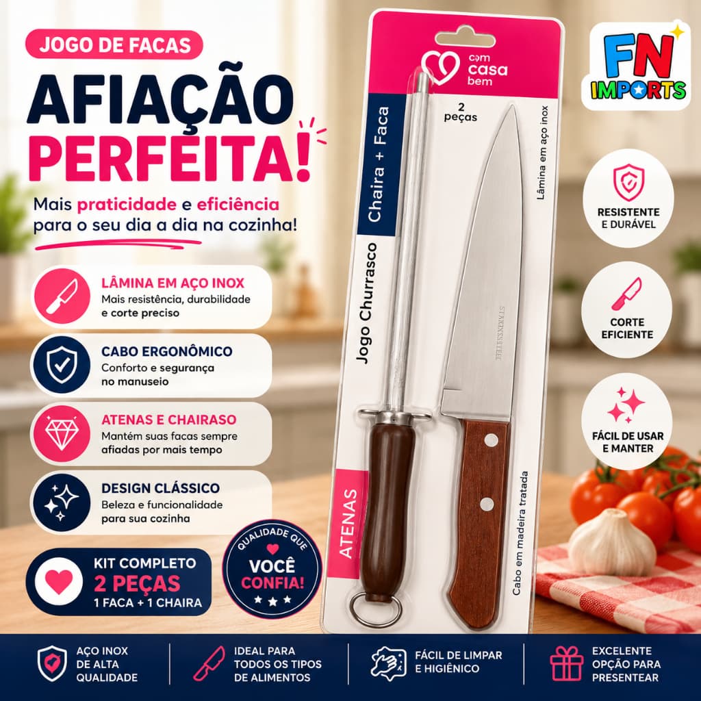 Kit Churrasco 2 Peças Faca + Chaira Aço Inox Cabo Madeira Profissional