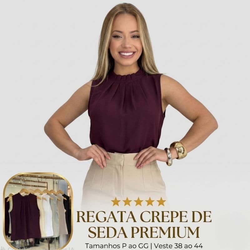 Blusa Regata Feminina Gola Alta Crepe De Seda Lisa Social Premium Moda Evangélica Executiva Elegante Sem Manga Cavada