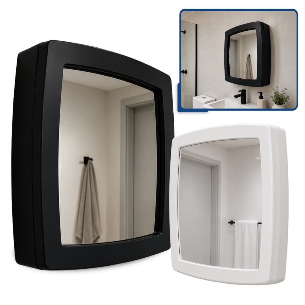 Armário Para Banheiro Com Espelho Parede Vision Embutir/Sobrepor Plástico Branco Preto Kit Fixação