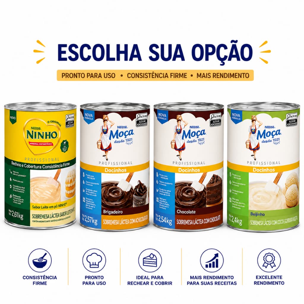 Ninho Brigadeiro Chocolate Charge Alpino Morango Beijinho Sabores Recheio e Cobertura Nestlé 2,6kg