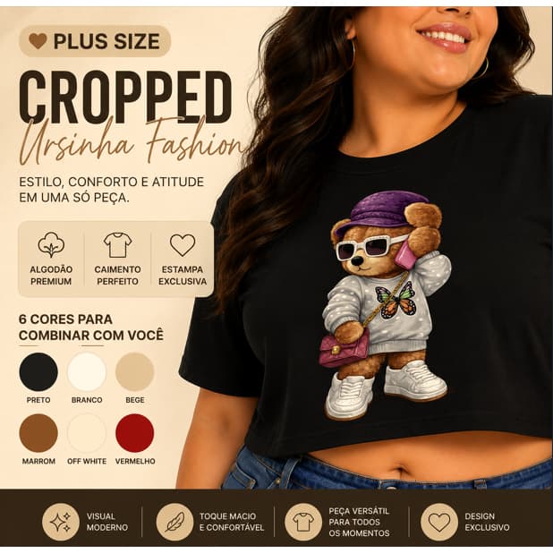 Cropped Plus Size Feminino Ursinho Estampado Blusa Feminina Algodão Casual Moda Blogueira Camiseta Cropped