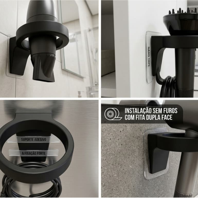 Suporte de Parede Secador Cabelo Universal Sem Furo