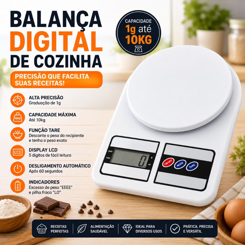 Balança Digital de Cozinha até 10kg Precisão 1g com Função Tara LCD para Alimentos e Receitas