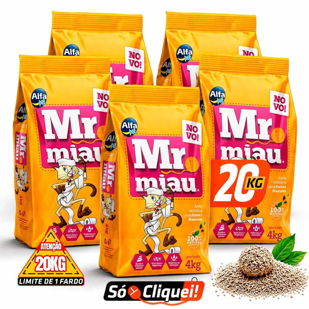 Kit 5 Pacotes Fardo de Areia Mr. Miau 20KG Alfa Pet Granulado Biodegradável Sanitário Evita Odores Forma Torrões Firmes