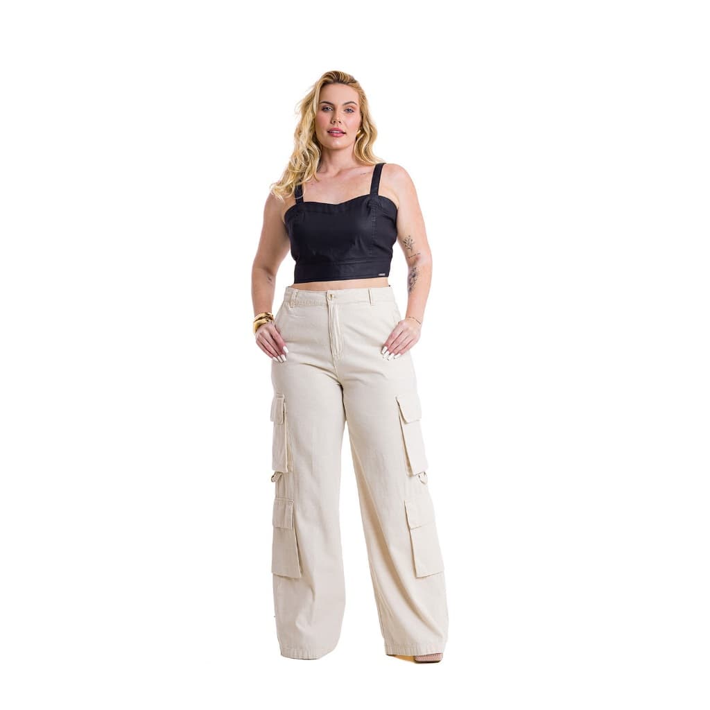 Calça Pantalona Cargo Moda Plus Size De Linho Premium com 8 Bolsos Alfaiataria