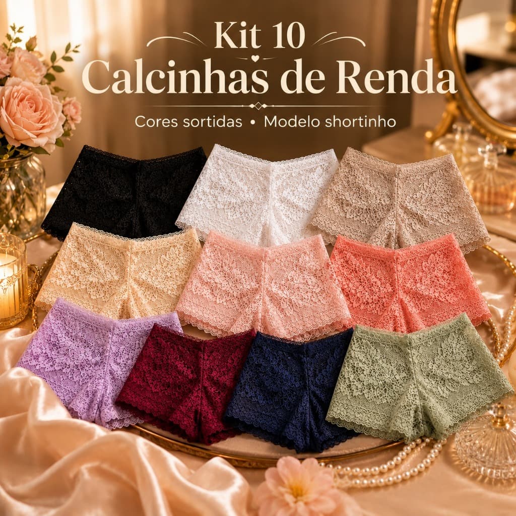 Kit 10 Calcinhas Femininas Shortinho Caleçon Renda Delicada Confortável Cores Sortidas P M G GG