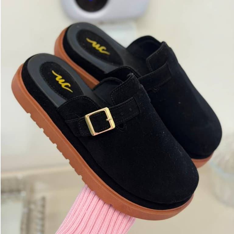 Mule clog feminino camurça flat confort promoçao