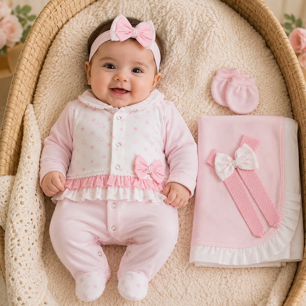 Saída de Maternidade Roupa Para Bebê Menina 04 Peças Estrelinha Floral Bolinhas