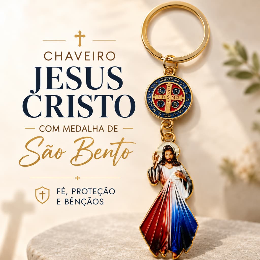 Chaveiro Jesus Cristo Misericordioso com Medalha de São Bento Fé Proteção Presente Religioso Católico