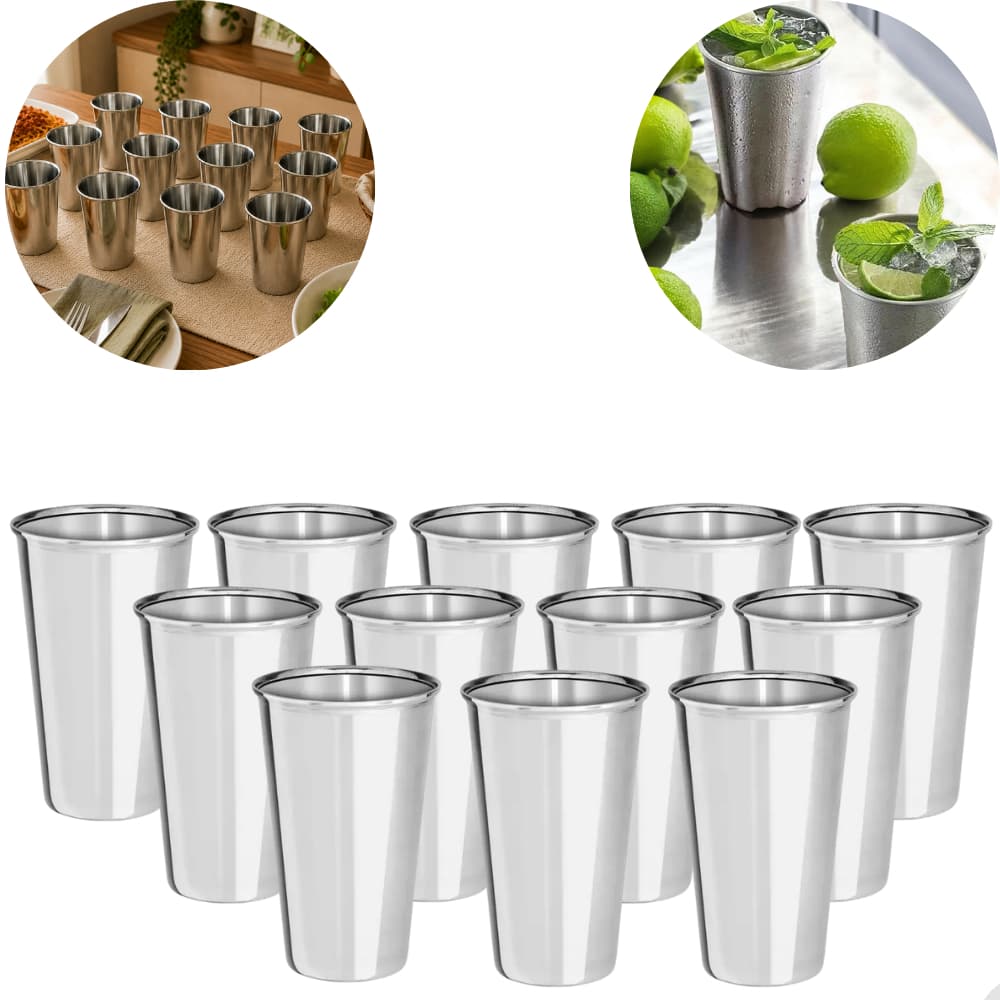 Kit/Conjunto 12 Copos 250ml Inox Multifuncional Resistente Happy Hour Agua Suco