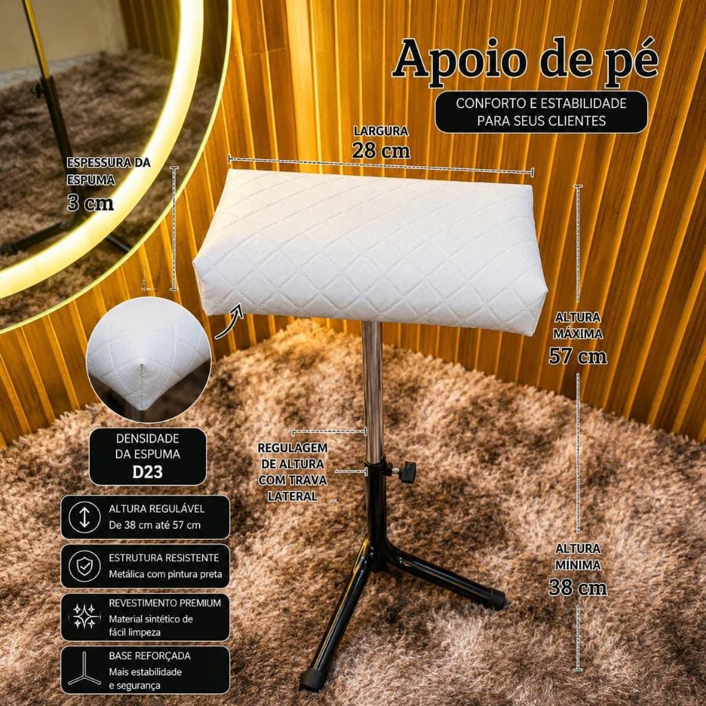 Tripe Apoio de Pé e Perna para Manicure Profissional com Regulagem de Altura Podologa Spa - Branco