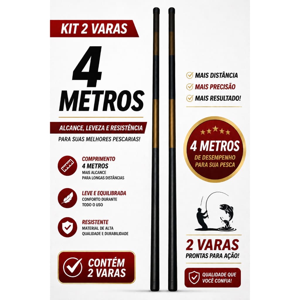 2 Varas de Mão Telescópica 4 Metros 40% carbono