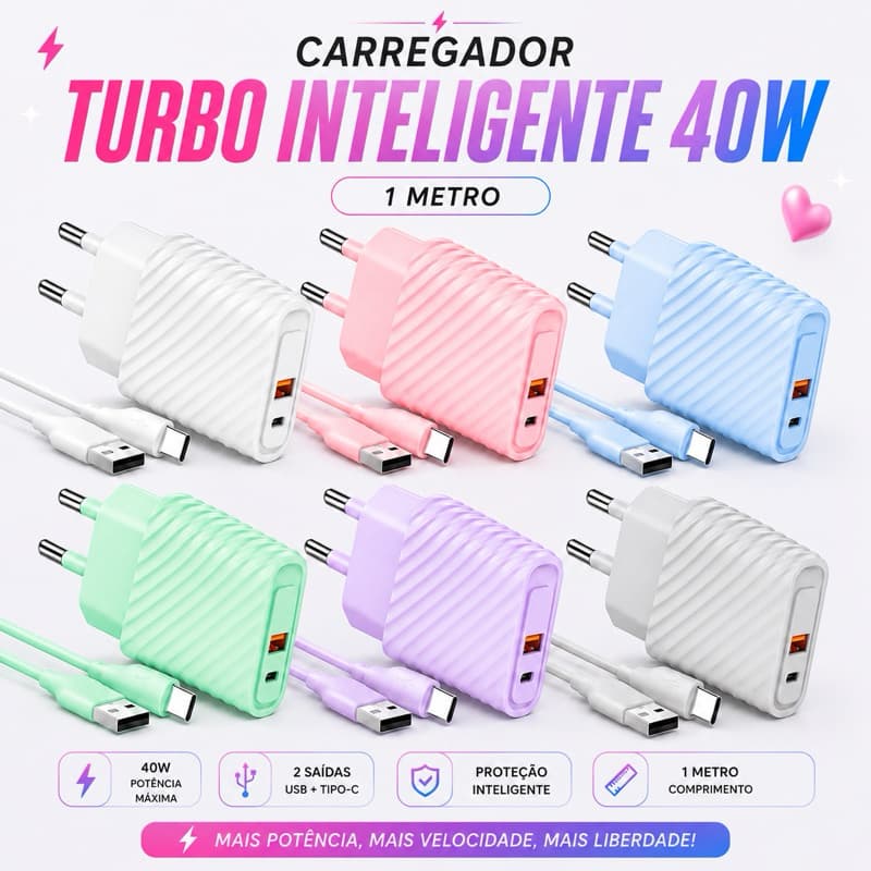 Carregador Turbo USB + Tipo-C Inteligente Inova 40W com Cabo Tipo-C 1 Metro Carregamento Rápido