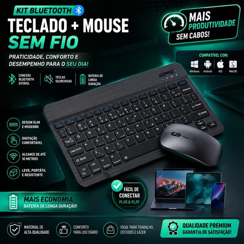 Kit teclado e mouse Bluetooth sem fio recarregavel Design Ergonômico para PC e notebook