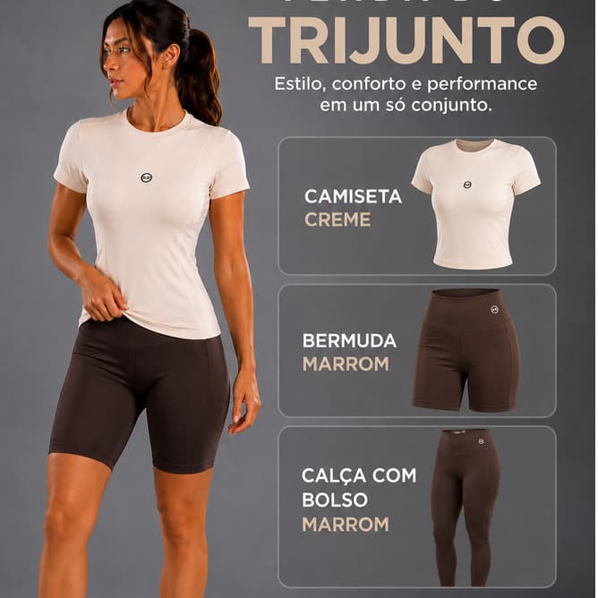 Trijunto 3 Peças  Bermuda, legging com Bolso e Camiseta Poliamida Premium, Treino, Yoga,