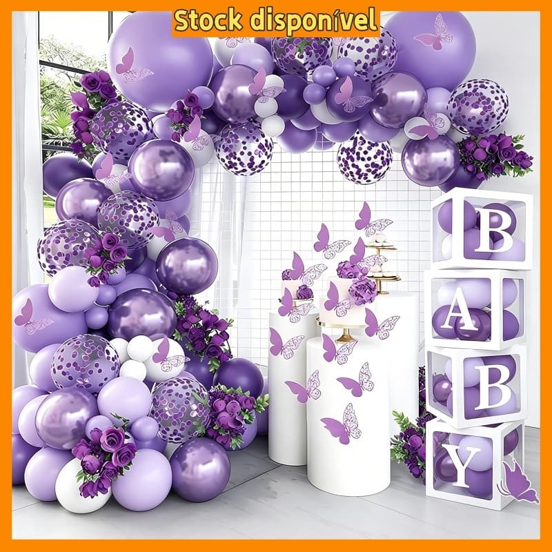 Arco de Balões com Borboleta Metalizada, Kit de bexigas látex para festa infantil, aniversário e chá‑de‑bebê