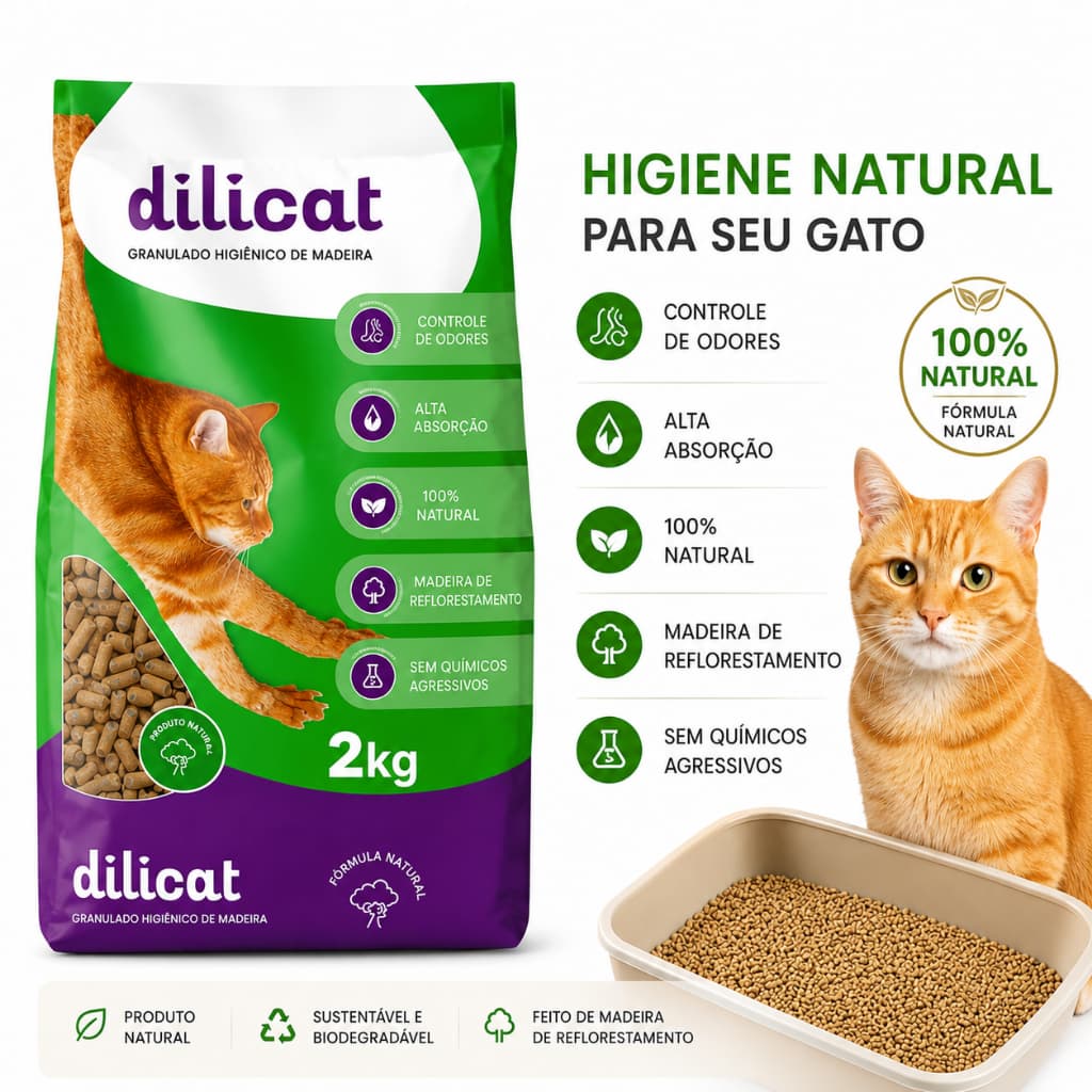 Areia Granulado de Madeira DiliCat 2kg e 10kg – Alta Absorção, Controle de Odor e Sustentável