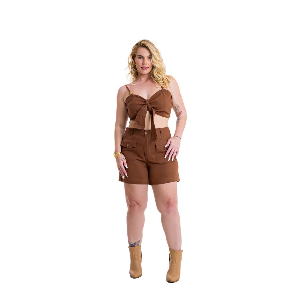 Conjunto Cropped e Short de Linho Marrom Premium Moda Plus Size Alfaiataria